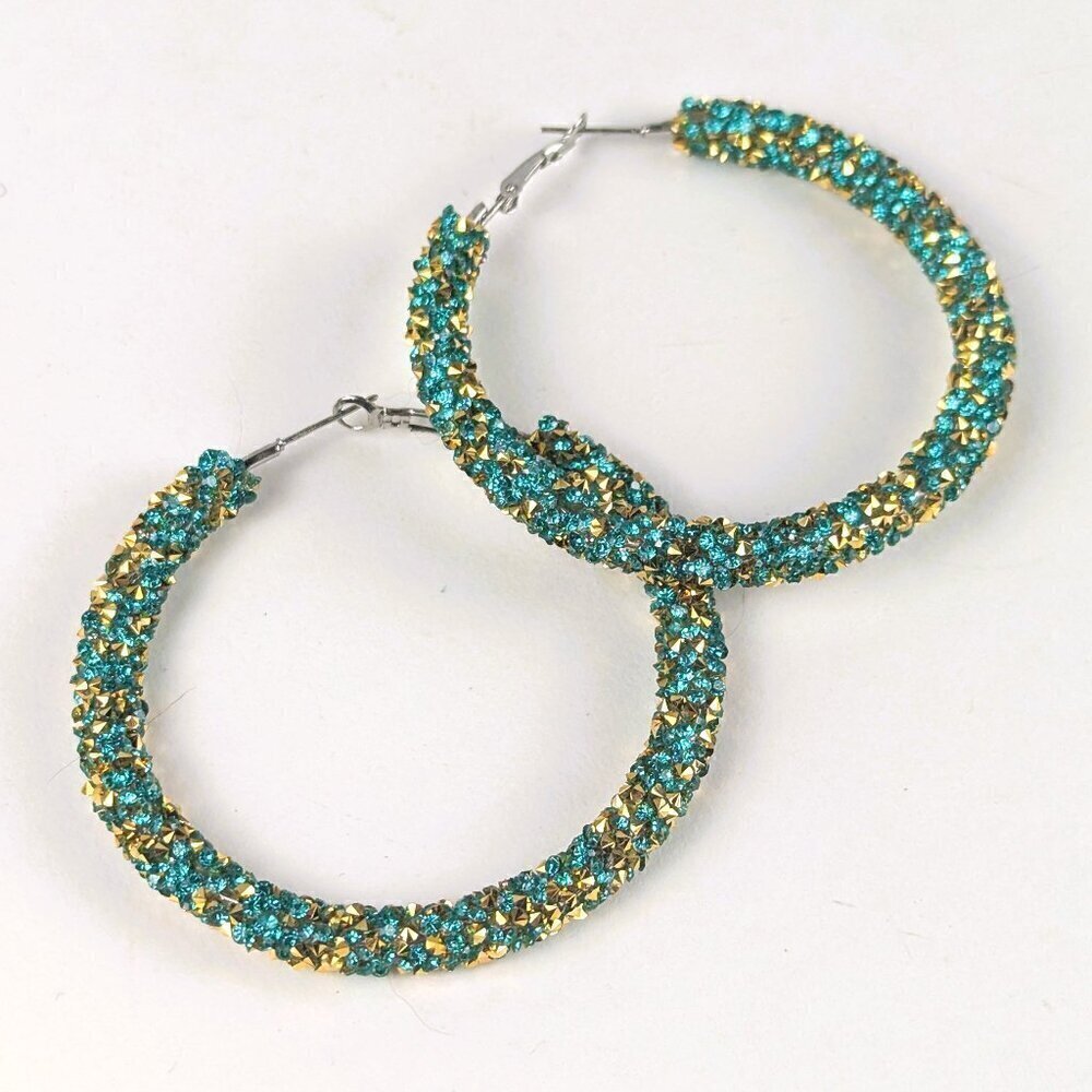 Turquoise & Gold Large Sparkly Hoop Earrings